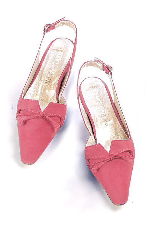 Carnation pink women's open back shoes, with a knot. Tapered toe. Low kitten heels. Top view - Florence KOOIJMAN